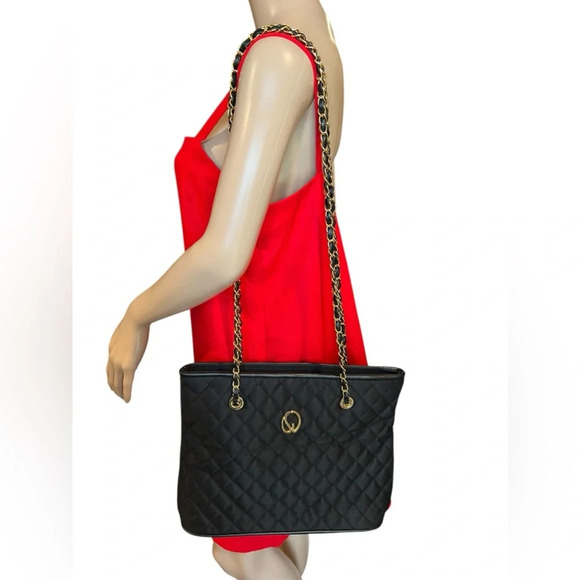 Vintage St. John Womens Black Canvas Quilted Tote Chain Strap - Picture 2 of 16